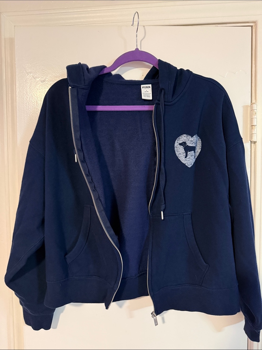 PINK Victoria's Secret Dark Navy Zip Hoodie with Heart Dog Graphic